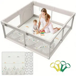 MC Star Laufgitter mit Matte 150x150 cm, Laufstall Baby mit Matratze (Sicher und Geräumig für die Wohnung, Rutschfeste Basis, Atmungsaktives Netzdesign (150X150X64 cm) grau