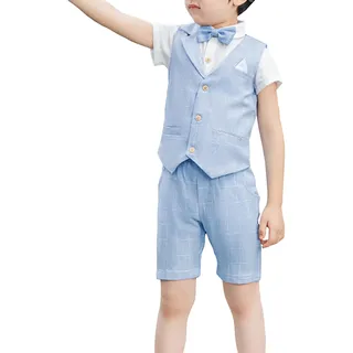 Shengwan 4 Stück Kinder Junge Anzug Hochzeit Anzüge Weste + Kurzarm Hemd + Kurze Hose + Fliege Kinderanzug Festlich Outfit Blau 11-12 Jahre - 11-12 Jahre