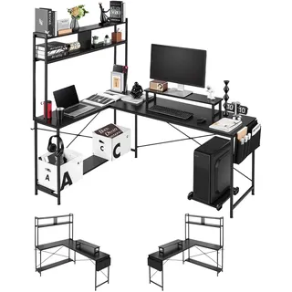 Vevor Gaming Tisch L-Form 1,7 m, Gamertisch mit Monitorständer & Verschiebbarem CPU-Ständer, Ecktisch 68 kg Tragfähigkeit, Eckschreibtisch Computertisch, Arbeitsstation für Homeoffice