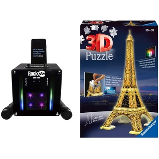 RockJam Singcube 5-Watt wiederaufladbare Bluetooth-Karaoke-Maschine mit Zwei Mikrofonen, Sprachwechseleffekten und LED-Leuchten & Ravensburger 3D Puzzle 12579 - Eiffelturm bei Nacht