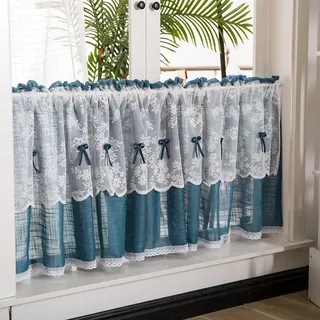 Ricemru Petrol Scheibengardine Leinenoptik Landhaus 80 Hoch mit Spitze Kurzstore Küchenvorhänge Fenster Bistrogardine Halbtransparent Küche Kurz Halbe Gardinen Wohnzimmer,140x80