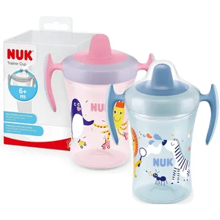 NUK Trainer Cup Trinklernbecher im praktischen Doppelpack, auslaufsicherer Becher mit weichem Trinkschnabel & ergonomischen Griffen, 6+ Monate, 230 ml, BPA-frei, rosa Pinguin & blaues Zebra | 2 Stück
