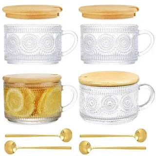 Glasbecher Set von 4 - Kaffeetassen mit Henkel - Bambusdeckel - 450 ml - Vintage Design - Langlebiges Glas - Transparent