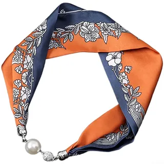 QuivyLivy Damen Schal Halskette mit Magnetverschluss Perlenverschluss Retro Blumendruck Design Simulierter Seidenschal Easy Snap-On Verschluss Tragen (S)
