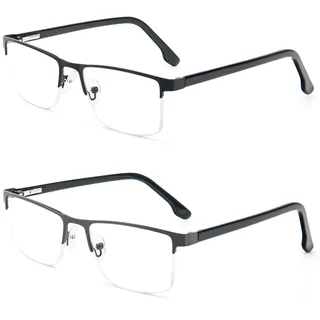 MMOWW 2er-Pack Lesebrille Herren Mit Blaulichtfilter, Rechteckige Halbrahmen Metall Lesebrillen Lesehilfe, Feder Scharnier Lesebrillen (Schwarz+Grau, +3,0)
