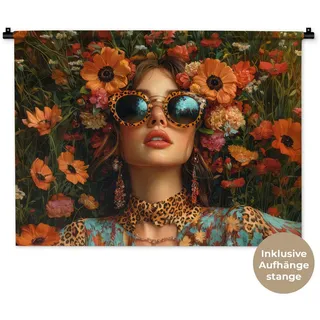 MuchoWow Wandteppich Frauen - Blumen - Modern - Brille - Abstrakt, Rechteckig, Höhe: 3 mm, Wand Teppiche, Wandbehang, 90x67 cm bunt Rechteckig | 90 cm x 67.5 cm x 3 mm