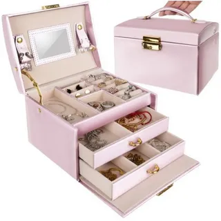 Beautylushh Schmuckkasten Schmuckkasten mit Schloss Spiegel und Schubladen Satinoptik (Einzel Schmuckkasten mit Spiegel Schloss und Schubladen, Schmuckkasten mit Spiegel Schloss und zwei Schubladen), Abschließbar mit Schlüssel Weich ausgekleideter Innenraum rosa