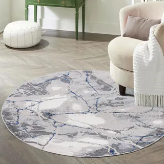 Mazovia Teppich Rund 240 cm - Kurzflor - Weich Teppich für Wohnzimmer Esszimmer - Marmor Optik Abstraktes Grau Blau 240 x 240 cm