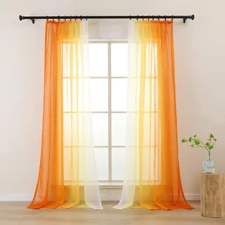 L.Z.E Vorhänge Gardine Farbverlauf mit Kräuselband Vorhang Orange Weiß für Wohnzimmer Kinder Mädchen Schlafzimmer Fenster Transparent 2er Set Voile Gardinen Schal 140 x 225 cm Lang (LZE2220T-OR225)