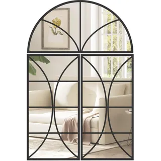 HOMCOM Bogen-Wandspiegel 80x120cm 3-teilig Schwarz | Fensterform, unzerbrechliches gehärtetes Glas, Metallrahmen, Wohnzimmer, Schlafzimmer, Flur