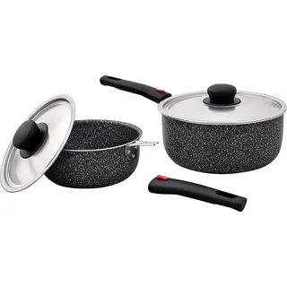 BERGER Stone Rock Aluminium Kasserollen Set 6-tlg I stapelbares Kochgeschirr mit 2 Töpfen, Deckeln & abnehmbaren Griffen I leichtes Camping Topfset für Outdoor, Wohnwagen & Küche