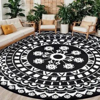 Capslpad Boho-Teppich für den Außenbereich, rund, 300 cm, wasserdicht, wendbar, Picknick-Matte, tragbar, UV-beständiger Kunststoff-Strohteppich, für Innen- und Außenbereich, für Zelt, Wohnmobil