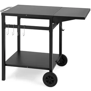 GIANTEX Grilltisch mit klappbarer Arbeitsplatte, Campingtisch mit Rollen, Servierwagen Küchenwagen Metall mit 2 Ablagen & 4 Haken, Rollwagen Allzweckwagen Zubereitungswagen für Garten Küche, Schwarz