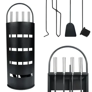 PEILU Edelstahl Kaminbesteck 5-Teilig Modern Ofenbesteck Set mit Metallgriff Kaminofen Besteck inkl. Schürhaken, Ascheschaufel, Kaminbesen, Zange & Ständer Kamingarnitur für Ofen Kamine (Schwarz)
