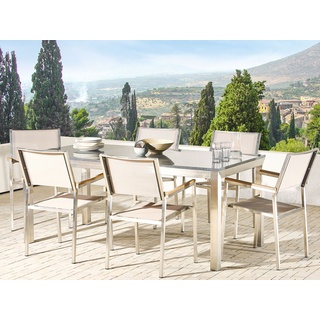 Gartenmöbel Set Granit grau poliert 180 x 90 cm 6-Sitzer Stühle Textilbespannung beige  GROSSETO