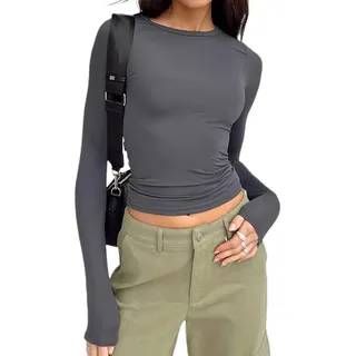 shownicer Damen Rückenfrei T-Shirt Y2K Langarm Crop Top Sexy Rücken Oberteile Y2K Party Cropped Tee Shirts Teenage Aesthetic Mädchen Outfits Rundhals Langarmshirt Streetwear