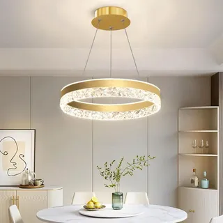 Aleaty LED Kronleuchter Neuer Moderner High-End Restaurant Hängeleuchte Ring Deckenlampe mit Kristallform Acryl Dimmbar Fernbedienung Einstellbares Rundes Pendelleuchte (Gold)