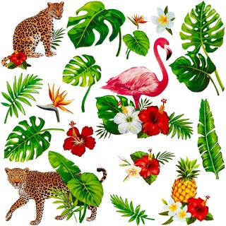 Wandsticker Motivwahl Erwachsene & Kinder - 17 tlg. Set - Dschungel & Tropen - Leopard + Flamingo + Blätter - selbstklebend + wiederverwendbar - Wandtatto..