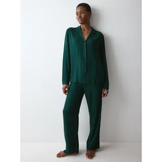 Schlafanzug TRIUMPH "Amourette Jacquard PW", Damen, Gr. 48, grün (teal grün), Webqualität, Obermaterial: 100% Viskose, lang, V-Ausschnitt, Homewear-Sets Schlafanzug, elegant und weich