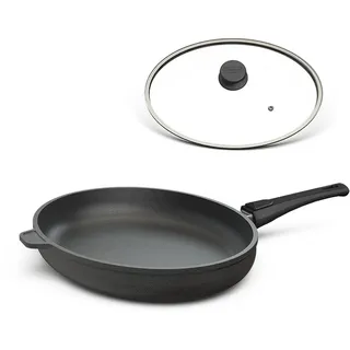 Hoffmann Fischpfanne 39 x 29 cm Oval mit Deckel Induktionsgeeignet I Backofengeeignet bis 280 Grad I Schnitzelpfanne beschichtet Induktion I Bratpfanne Backofen Ceranfeld Glasdeckel