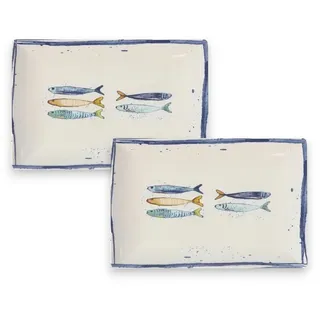 WestCraft Speiseteller Teller, mediterran mit Sardinen-Motiv, Maritime Servierplatte 30×20cm, (2 St), 2er Set, hochwertig und robust - langlebig und vielseitig einsetzbar weiß