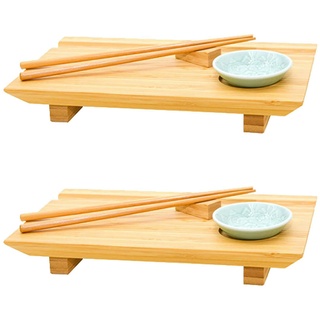 DuneDesign 2x Japanisches Sushi Brett - 27x16x4 Bambus Platten Set - Teller mit Schälchen