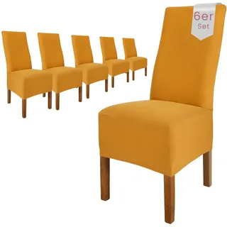 Scheffler Home Stuhlhussen Emma Senfgelb 6er Set aus Jersey Baumwolle – Elastische Stuhlbezüge für Hochlehner und Polsterstühle, waschbar und formstabil, Oeko-TEX Zertifiziert
