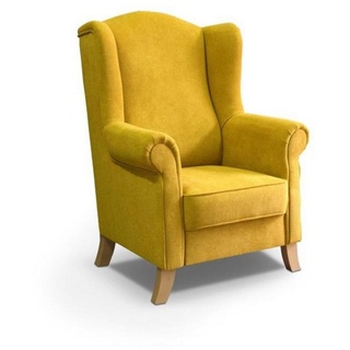 Beautysofa Ohrensessel Leonardo (mit Holzbeine, Wellenfedern), Polstersessel im skandinavisches Stil, Sessel aus Velours, Wohnzimmer gelb