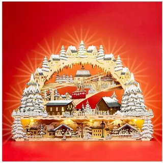 SIKORA XXL LED Holz Schwibbogen Skihütte mit Bergbahn und Weihnachtsdorf