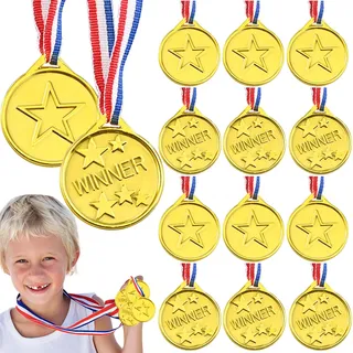 GOLDGE 12 Stück Medaillen Kinder Gewinner Medaillen Gold Kunststoff | Medaille Kindergeburtstag für Party, Kindergeburtstag Spiele, Sportstag Wettbewerbe, Preisen Awards