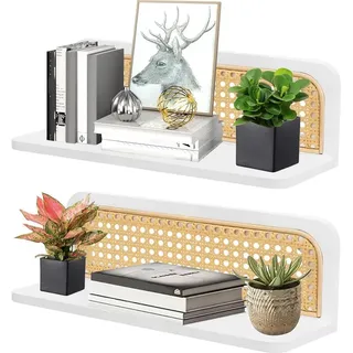 Set Mit 2 Weißen Boho-wandregalen, Hängenden Wandregalen Aus Holz, Wandregalen Aus Rattan, Schwebenden Aufbewahrungsregalen Für Wohnzimmer, Küche, Schlafzimmer (40 X 12,2 X 13 Cm)