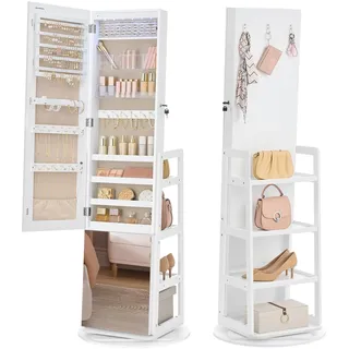 SONGMICS Schmuckschrank mit Spiegel, 360° Drehbar, 4 Ablagen, Abschließbar | Schmuckkasten Groß, 162 x 56,5 x 56,5 cm, Ketten Aufbewahrung für Schlafzimmer, Wolkenweiß, Berit Kollektion, JJC027WH01