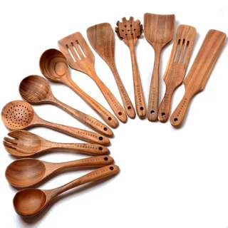 Holzlöffel zum Kochen, Holz-Kochutensilien, 12-teiliges Küchenutensilien-Set, Holzutensilien zum Kochen, 100% natürliches Teakholz, Holzspatel zum Kochen