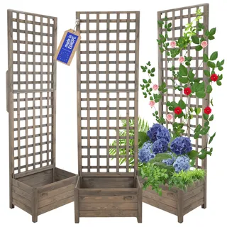 MODO24 Blumenkasten aus Kiefernholz mit Rankgitter, Pflanzkübel mit Spalier Rankhilfe, Hochbeet, Blumenkübel Outdoor Holzkiste für Garten Terrasse Balkon, 190x60x40, Farbe: Grau, Imprägniertes Holz