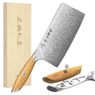HEZHEN Damast Hackmesser, Profi Chinesisches Kochmesser, High Carbon Damaststahl Scharf Küchenmesser, Griff aus Olivenholz