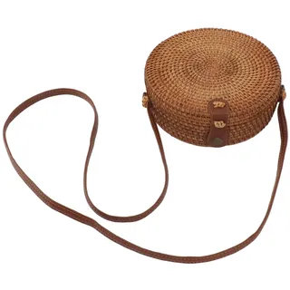 Zerodis Handgewebte Runde Rattantasche, 20 cm Durchmesser, Leichte Natürliche Korbtasche, Verstellbarer Riemen für Sommerparty (Einfarbige Lederschnalle mit Futter) - Einheitsgröße