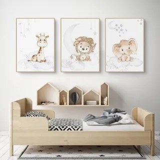 EXQULEG 3er Set Poster Kinderzimmer Kleiner Hase Giraffe Tiere Bilder Babyzimmer Deko Ohne Rahmen, Kinderbilder Tiermotive Poster für Junge Mädchen (A,21x30cm)
