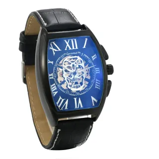 JewelryWe Herrenuhr Analog Automatik Uhr Automatische Mechanische Leder Band Totenkopf Schädel Skelett Armbanduhr Automatikuhr mit Rechteckig Römischen Ziffern Zifferblatt