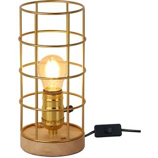 SUNLLOK Golden tischlampe mit Holz sockel, Metallkäfig-Schirm kleine Nachttischlampe für Schlafzimmer, Vintage Steampunk Industrial leselampe Schreibtischlampe Deko für Wohnzimmer, Kinderzimmer, Büro