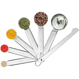 Fousenuk 7 Stück Messlöffel Set, Messbecher Set Edelstahl für Flüssigkeiten und Feststoffe mit 6 Measuring Cups und 1 Messlineal, Messwerkzeug von Küchen, Dosierlöffel für Backmessen