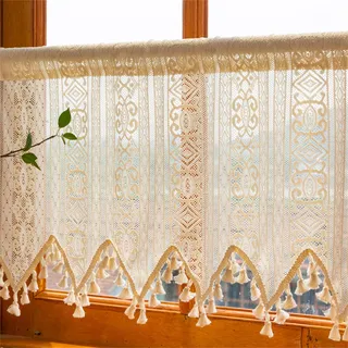 Scheibengardinen Landhausstil, Häkelgardine Bistrogardine Vintage Halbe Gardinen Fenster, Scheibengardinen Boho Leinen Kurzgardine Weihnachten Mit Fransen Für Kleine Fenster (BxH 180x68 cm)
