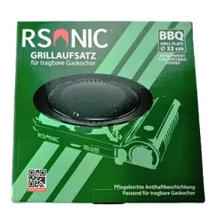 RSonic tragbarer Grillplatte Rund, Guss Antihaft | BBQ Grillaufsatz | Grill Platte | auch für tragbarer Campingkocher | aus Alu | Durchmesser 32cm | Schwarz | Camping-Kochgeschirr