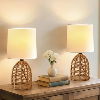 GyroVu Nachttischlampe 2er Set Rattan, Boho Tischlampe, E27 Fassung | Kleine Lampen für Räume Schlafzimmer Nachttisch Tischleuchte Wohnzimmer Lesepult Beistelltischlampe