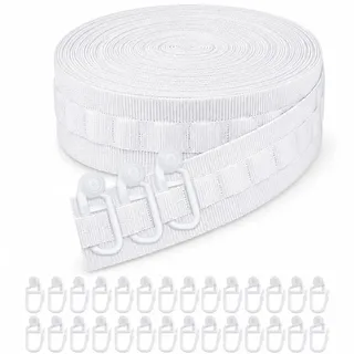 Gardinenzubehör 30 M x 2.5 cm mit 50 Haken für Schienen, Kräuselband Set | Polyester Gardinenband zum Aufnähen, Weiß Vorhangband, Faltenband für Gardinen, Waschbar, Kürzbar, Vorhang Zubehör
