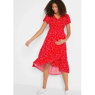 Umstandskleid BONPRIX, Damen, Gr. 48, N-Gr, rot (erdbeere geblümt), Obermaterial: 100% Viskose, figurumspielend, Kleider, Wadenbedeckende Länge, tiefer V-Ausschnitt im Wickelschnitt