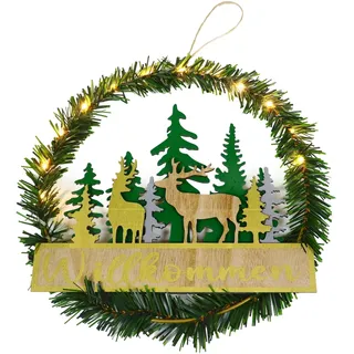 Weihnachtsdeko Türkranz, Ø 29 cm Weihnachtskranz Künstliche Girlande | LED Lichterkranz mit Schnur Zum Aufhängen, mit Willkommensschild, Weihnachtsbaum, für Haustür, Kamin und Wanddeko