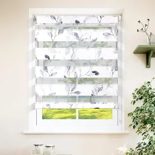 Grandekor Doppelrollo Klemmfix ohne Bohren mit Muster 90 x 140 cm Blätter | Rollos Stoffbreite 86 cm für Fenster & Tür ,Duo Rollo Sichtschutz & Hitzeschutz für Wohnzimmer Kinderzimmer Badezimmer