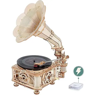 ROKR 3D Holzpuzzle für Erwachsene Teenager DIY Modellbausatz Basteln Mechanische Puzzle-Klassisches Grammophon, Automatischer und Manueller Modus LKB01D