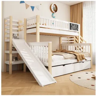 Flieks Etagenbett, Kinderbett 90x200cm+140x200cm mit Tafel, 2 Schubladen, Rutsche, Treppe weiß