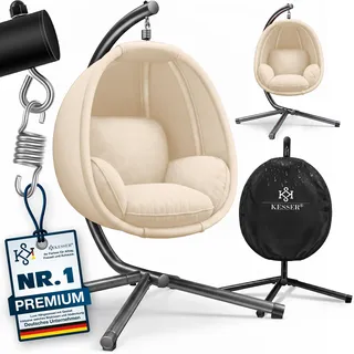 KESSER® Luxe Hängesessel mit Gestell + weiches Sitzkissen und Abdeckung, Seitenpolsterung, Rückenkissen Hängekorb Indoor & Outdoor, Garten Schaukel Hängestuhl Stabiler Standfuß, max. 150 kg Beige